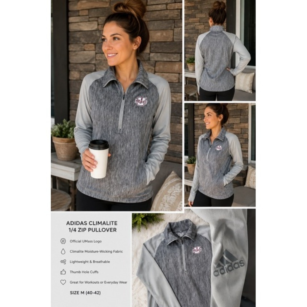 Adidas Climalite 1/4 Zip Pullover Grey UMass Logo Women Medium Thumb Hole Cuffs